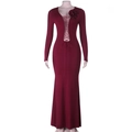Detail of burgundy long sleeve evening dress with V-neck lace-up and floral shoulder accent - S / Burgundy