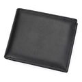 Close-up of premium black genuine leather texture and precision stitching on the tri-fold wallet - 6005 Style / Black Plain