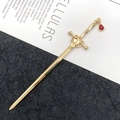 Golden sword hair pin with red teardrop gemstone pendant for Hanfu styling - Ancient Sword Hairpin / Irregular Water Drop (KC Gold)