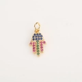 Gold Hamsa hand pendant with colorful cubic zirconia stones and center green gem - Blue Pink Hamsa Hand