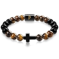 Tiger eye beaded bracelet with letter P square bead and black cross charm for men women - Letter P
