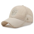Lightweight beige mesh baseball cap with embroidered shield logo and breathable fabric - Adjustable / Khaki
