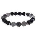 Elastic beaded bracelet featuring faceted black onyx and map stone with silver metal spacers - Grey Agate and Obsidian Bracelet