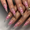 Extra long stiletto press-on nails in iridescent pink with 3D heart and gel swirls - JP2954 (Glue Style)