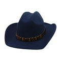 Classic dark blue western cowboy hat with studded leather band for men and women - One Size / Navy Blue (Coffee Leather Belt)