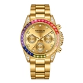Luxury golden chronograph watch with rainbow crystal bezel and metallic link strap - 1838 Gold Case Gold Dial - Steel Strap (Rainbow Bezel Hollow Bottom)