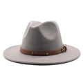 Light gray wool felt fedora hat with a brown faux leather belt and metal buckle - One Size 58cm Circumference / Light Gray