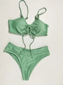Detailed flat lay of sage green two-piece bikini set with ruched bandeau top and V-cut bottom - S / Army Green