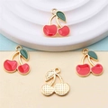 Miniature cherry pendant with red enamel and golden alloy frame for DIY jewelry - Style 60