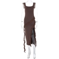 Detail of dark brown slim dress showing mesh ruffle trim and high slit side design - Coffee