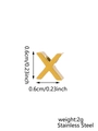 Macro shot of 0.6cm gold-plated stainless steel letter X charm with size and weight specs - Letter-X / Steel