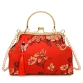 Detalle de bolso rojo con bordado floral dorado, marco de strass y borla de seda - Rojo