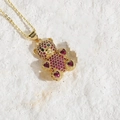 Teddy bear pendant necklace in 14K gold plated copper with pink pavé zircons - Gold/Rose Red Zirconia