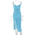 Sky blue slim fit midi dress with thin straps and a high side slit design - Sky Blue