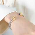 Silver twisted cable cuff bracelet with gold accents and dark blue zircon stone - Z059-Deep Blue Zirconia Single Layer