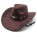 Brown wide brim western cowboy hat with leather band, bull head ornament and wind rope - M(56-58cm) / Chestnut
