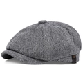 Détail de la casquette gavroche en laine à chevrons avec garniture en cuir et bouton - Chevrons Gris / Gris