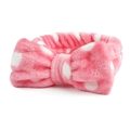 Detail van de roze pluche hoofdband met witte stippen en een grote zachte strik - Wit met watermeloenrode stippen