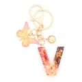 Letter V resin keychain with gold foil flakes and a gradient butterfly pendant - Letter V