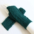 Dark green cable knit fingerless gloves for winter with arm warmer sleeve design - One Size / Dark Green