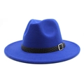 Close-up of royal blue wool fedora hat featuring black braided band and silver metal buckle - M (56-58cm) / Blue
