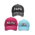 Three-piece family baseball cap set in grey, pink, and blue with PAPA MAMA MINI patches - Family Set (PAPA+MAMA+MINI) / Black/Red/Blue