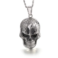 Gothic silver skull pendant with detailed cracked texture and twisted rope chain - Textured Patchwork Skull (KP42092-BD)