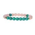 Macro view of pink quartz and turquoise beaded bracelet with gold accent spacers - Rose Quartz + Green Turquoise