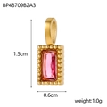 Pendentif rectangulaire en acier doré orné d'un zircon rose et de bordures perlées fines - BP48709B2A3 (Zircone Rose Foncé)