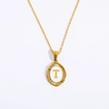 Gold plated stainless steel necklace featuring an oval pendant with letter T on white inlay - Letter T - Gold