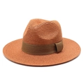 Panama straw hat for women in orange-brown with wide brim and coffee ribbon band - Caramel