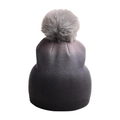 Detailed view of winter gradient tie-dye knit beanie with fluffy grey faux fur pom-pom - Tie-Dye Pom-Pom Knit Hat / Black and Gray