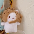 Cute plaid plush cat bag charm with brown fish hat and golden metal keychain clip - Pendant-Cat Eating Fish