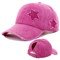 Women's rose pink ponytail baseball cap with sequin star and distressed denim finish - Star Ponytail Baseball Cap / Rose Red
