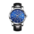 ORUSS men's watch featuring a blue sunray dial and black crocodile texture leather strap - Sport Leather Silver Case Blue Dial Black Strap