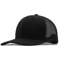 Detailed side view of black breathable mesh trucker hat with 6-panel cotton twill structure - Black