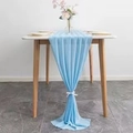 Elegant blue chiffon table runner draped with a white ribbon tie for wedding decor - Light Blue