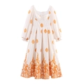 Weißes Maxikleid mit eckigem Ausschnitt, orangefarbener Stickerei und Puffärmeln - XS / Weiß