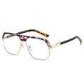 Modern oversized square sunglasses with gold metal frame and purple double bridge detail - Purple Leopard Frame