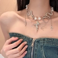 Gothic pearl necklace featuring silver snake, cross and rose charms worn by a model - Gothic Punk Snake Rose Cross Artificial Pearl Necklace (X4404)