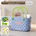 Haze blue plastic shower caddy with green handle and DIY cartoon charms, 29.5cm - With Internal Grid & DIY Charms / Haze Blue