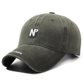 Army green washed cotton baseball cap with vintage white embroidery and curved brim - Army Green
