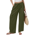 Deep olive green wide-leg cargo pants for women with high waist drawstring in cotton linen - S / Army Green