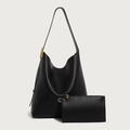 Grande borsa Hobo in pelle nera con trama litchi e pochette con cerniera coordinata - Set di 2 borse / Nero
