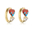 Detail of 18K gold earrings featuring red enamel hearts and sparkling clear heart zircons - Red Enamel Heart Ear Buckle / Red