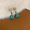 Detail of Christmas tree tassel earrings with snowflake studs and pearl accents - Gold-Green