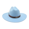 Chapeau de cowboy bleu ciel en feutre avec bandeau marron et boucle en métal vintage - Large Bord Grande Décoration d'Engrenage / Bleu Ciel