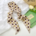 Long silk scarf with classic brown argyle pattern and pointed ends for hair styling - Argyle