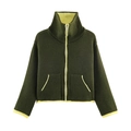 Détail de la veste en tricot vert olive avec passepoil jaune fluo et fermeture éclair - S / Vert Foncé