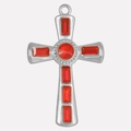 Detailed view of 304 stainless steel silver cross pendant set with red rectangular crystals - Silver-Red Rhinestone
